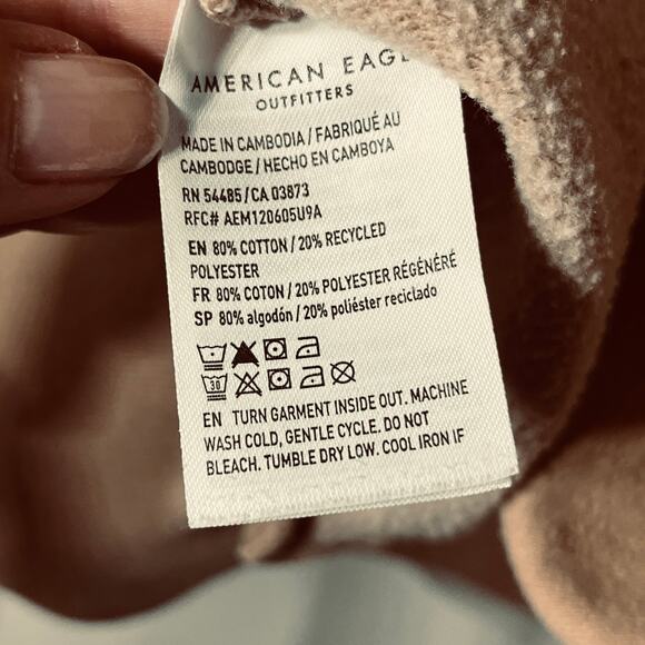 American Eagle Hoodie Seriously Huggable Fleece Lined Hood Keep Smiling Tan S - Picture 7 of 7